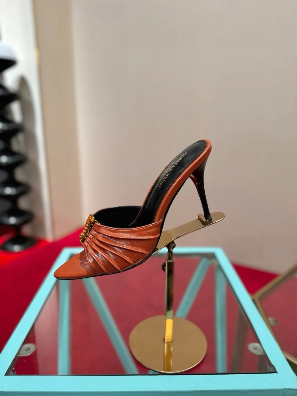 Saint Laurent Tan Leather Ruched Slide Heels with Gold YSL Accent